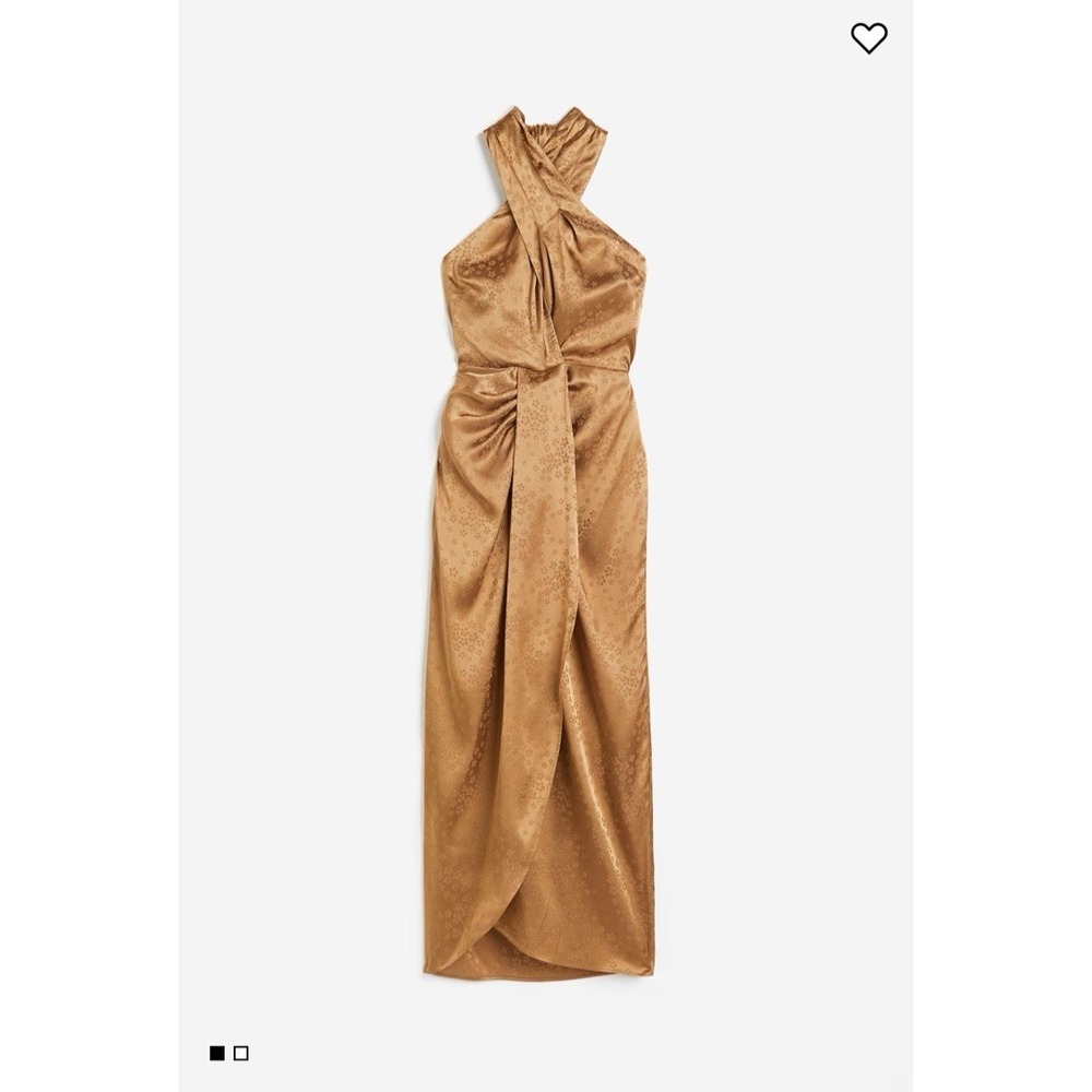 H&M Gold Satin Wrap Halter Neck Dress Sz S Regency Event Formal Wedding Y2K